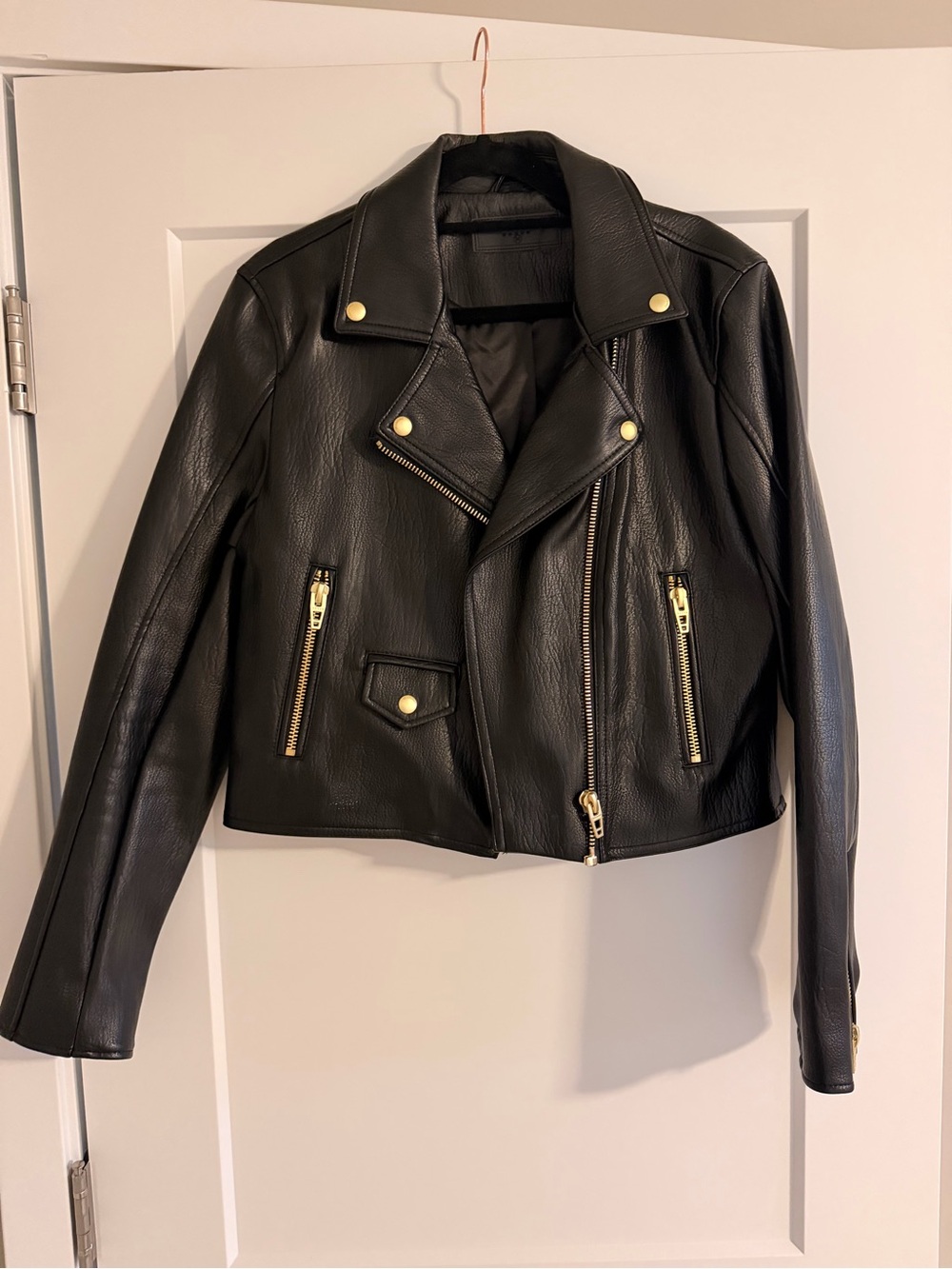 BLANKNYC Black Faux Leather Moto Jacket – Gold Hardware | Size Medium